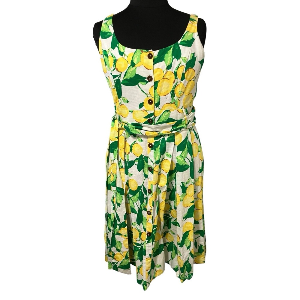 Novelty Lemon&Leaves Belted Fit & Pleated Cottage Core Cruise Resort Sz 16